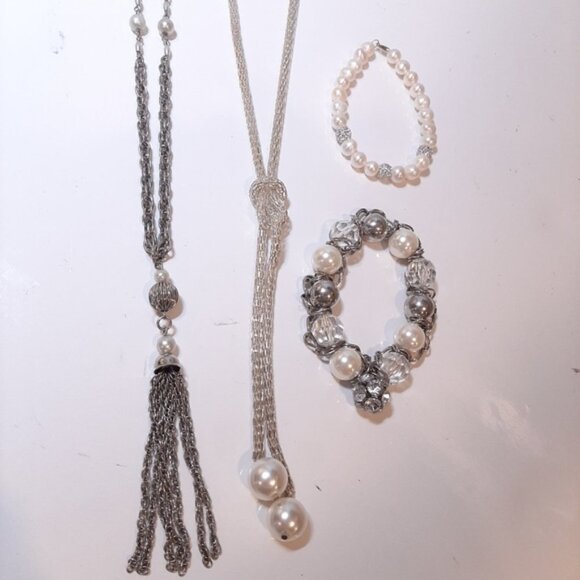 4Pc Set Faux Pearl Silver Chain Jewelry Lariat Knot Necklace Bracelet Tassel - Picture 13 of 13